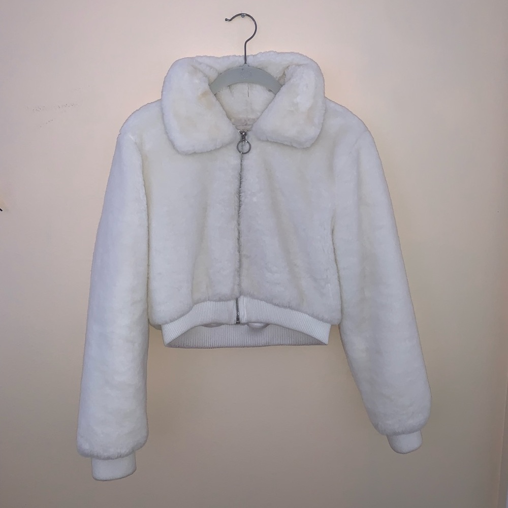 Meshki faux fur white zip up jacket